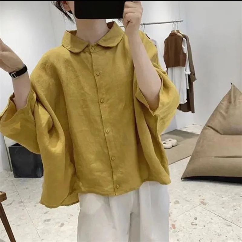 Cotton And linen Women's Shirt 2024 Summer New Three-quarter Sleeve Bat sleeved Loose oversized slimming Doll Collar Blouse Lady