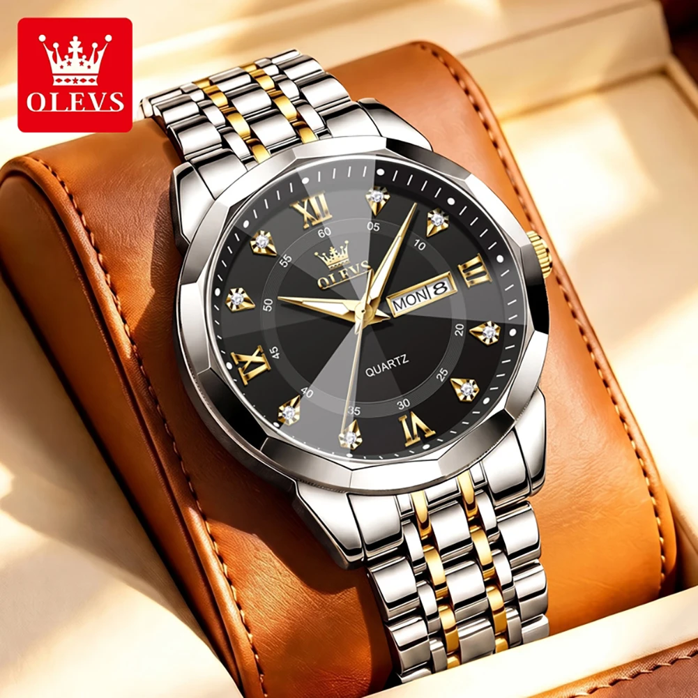 OLEVS Original Fashion Rhombus Mirror Quartz Watch for Men Stainless Steel Waterproof Week Date Watch Business Men's Wristwatch