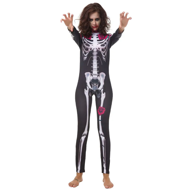 Women Girls Halloween Haunted House Themed Party Costume Long Sleeve Turtleneck Skeleton Rose Print Scary Sexy Jumpsuit Bodysuit