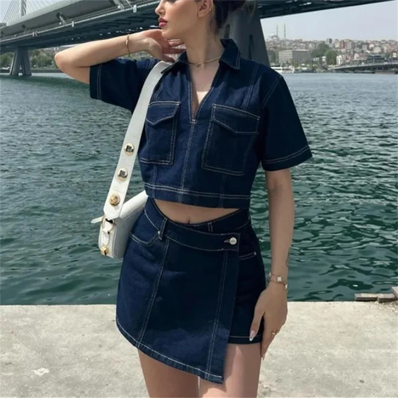 TRAF Blue Denim Shirt Woman Short Sleeve Cropped Shirt Women Summer Short Tops Woman Streetwear Y2k Stylish Women\'s Blouse