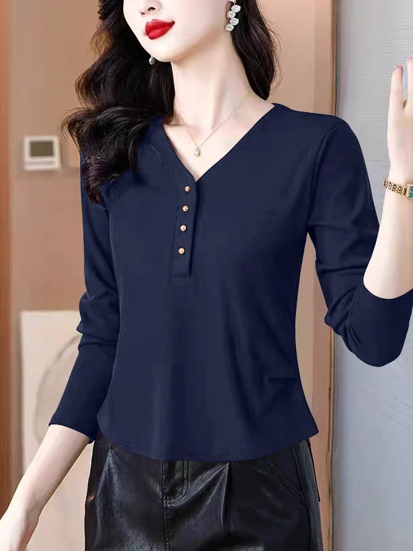 2025년 가을용 여성용 순면 슬림핏 허리 조임 기본 레이어 탑, 패셔너블한 플리츠 V넥 긴팔 티셔츠