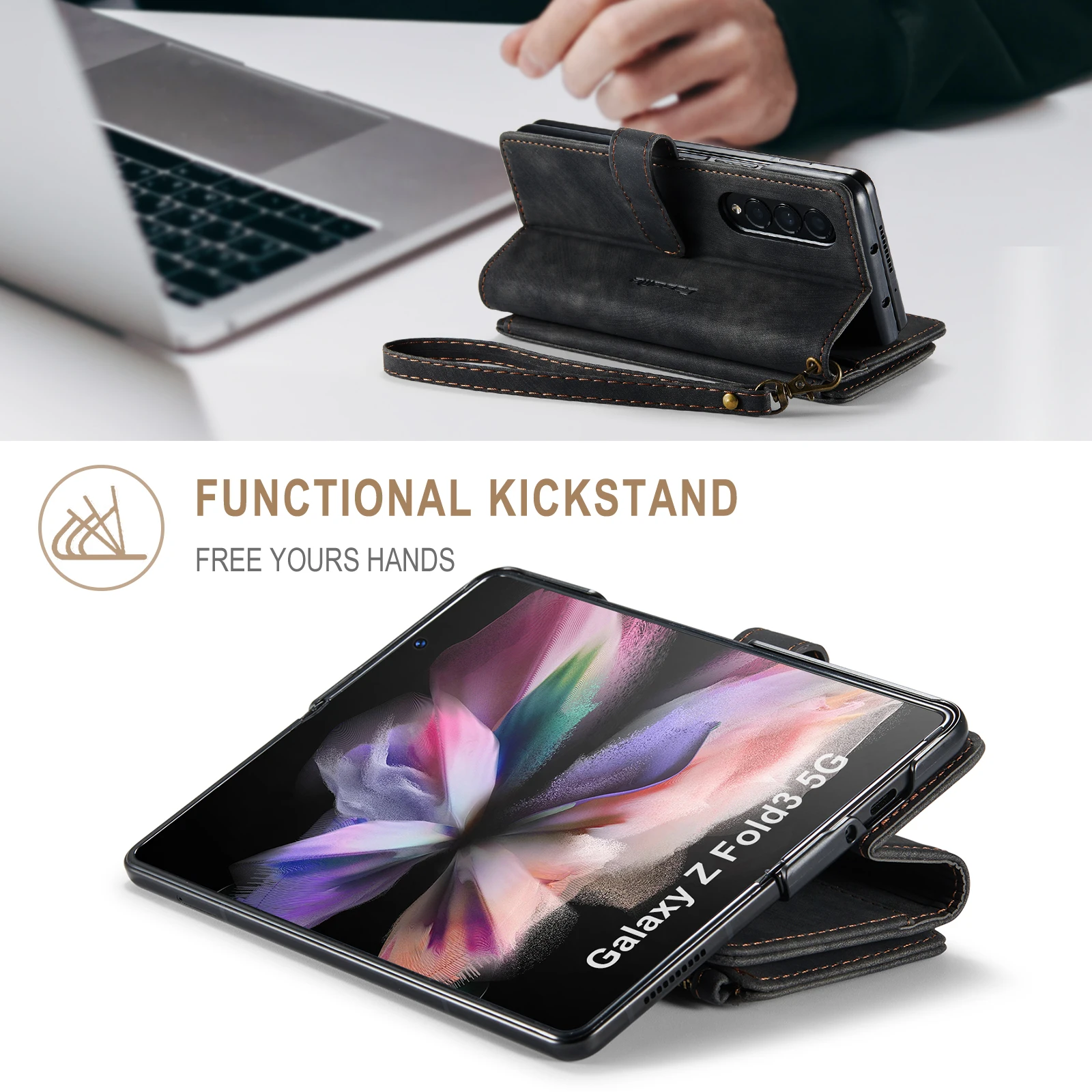for Samsung Galaxy Z Fold 3/4 Wallet Case,Durable PU Leather Magnetic Wallet Flip Lanyard Strap Wristlet Zipper Card Holder Case