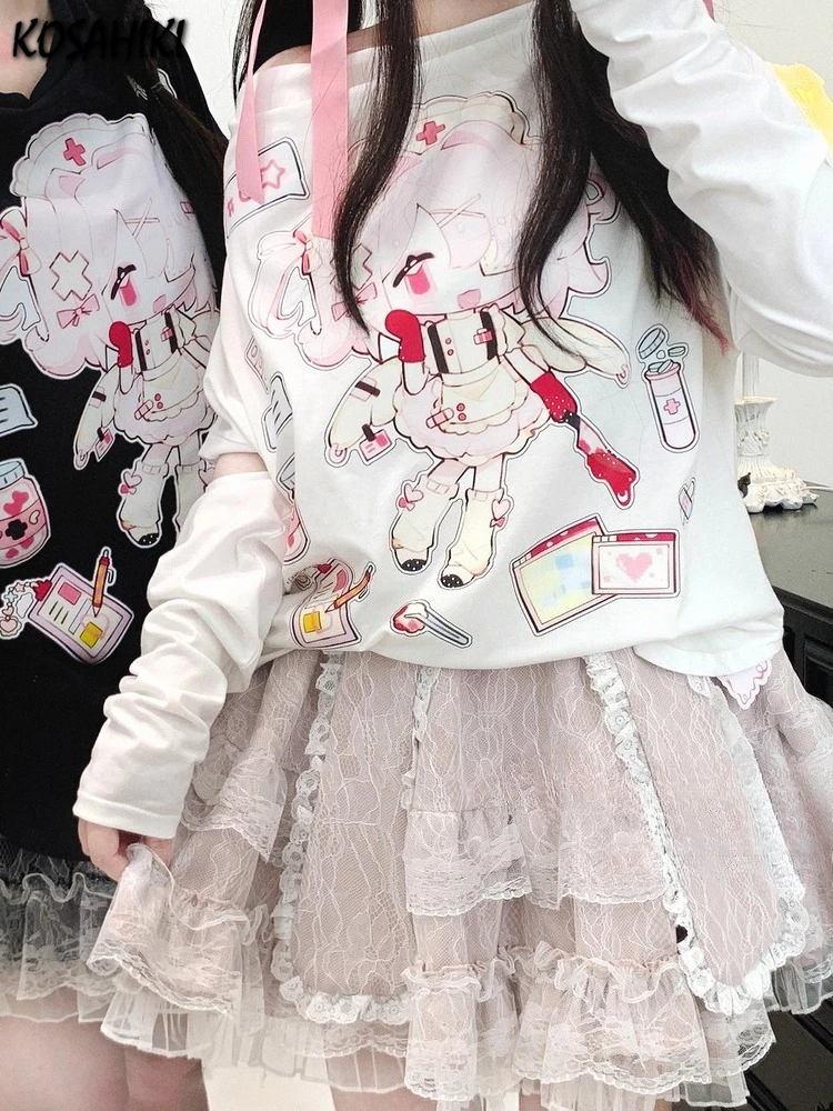 

Women Japanese Cartoon Print Kawaii T-shirt Harajuku Casual Loose Skew Collar Grunge Tshirts Y2k Aesthetic Autumn Hollow Out Top