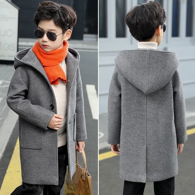 Boys\' woolen coat 2024 new boys\' winter cashmere thickened coat Woolen Dazhong children Korean version of Ocean Tide