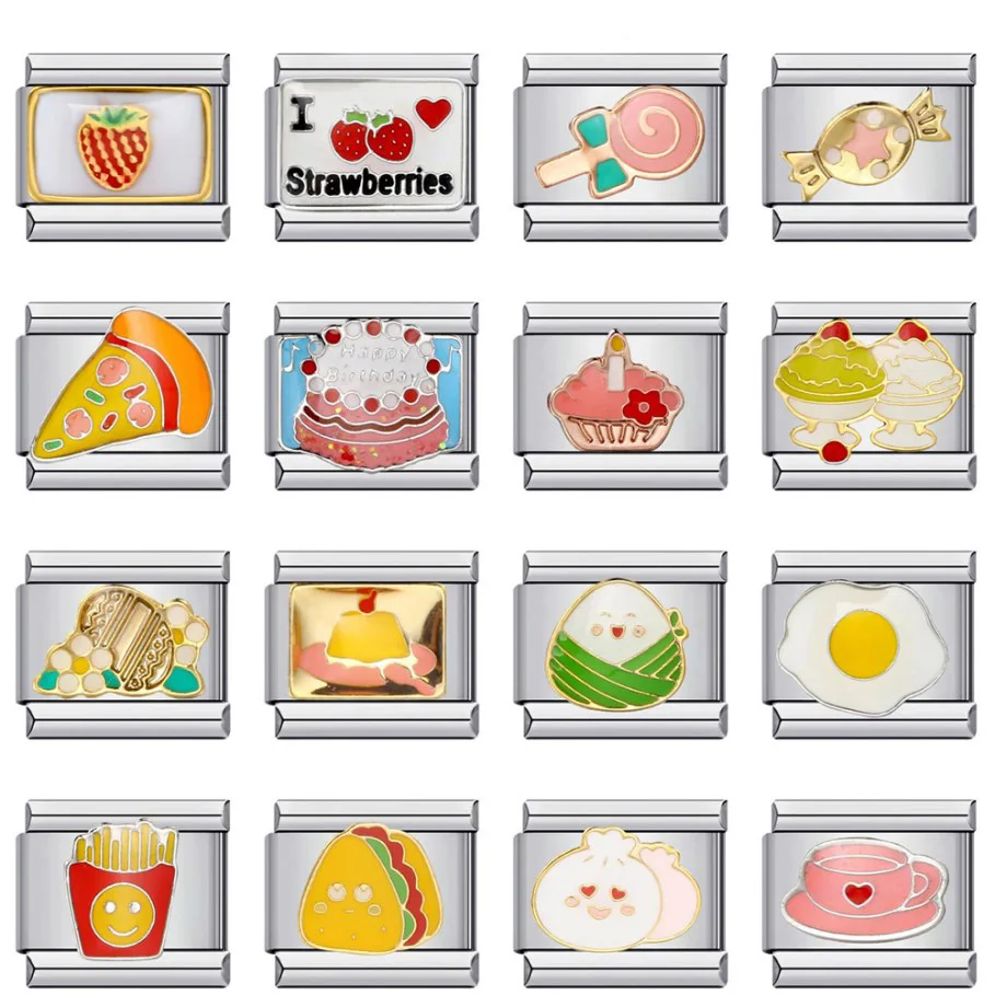 Bocadillos de moda, pastel de caramelo, café, patatas fritas de Pizza, huevos de Hamburgo, eslabones esmaltados, aptos para pulsera de 9mm, fabricación de joyería DIY de acero inoxidable