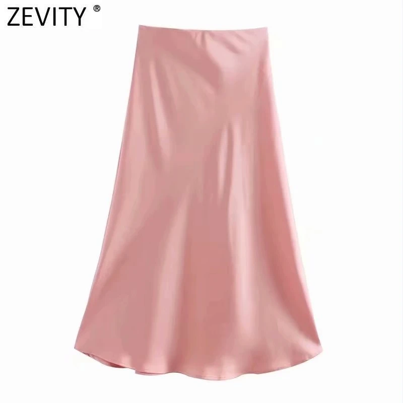 Zevity 2021 Elegant Women French Style Solid Color Soft Satin A Line Skirt Faldas Mujer Female Casual Summer Midi Skirts QUN820