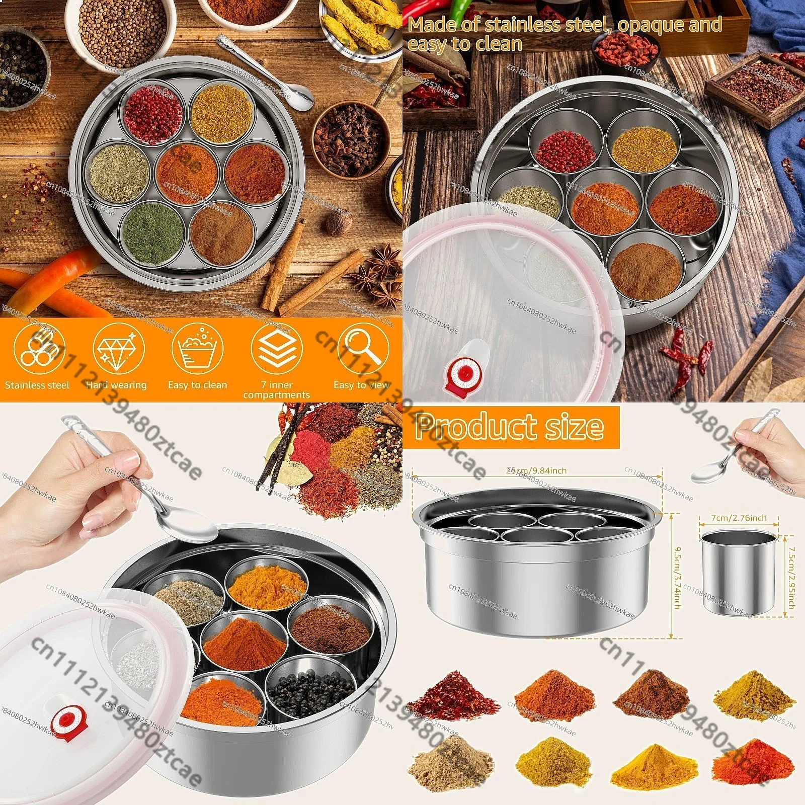 7 Compartments Stainless Steel Masala Dabba Spice Box with Transparent Lid