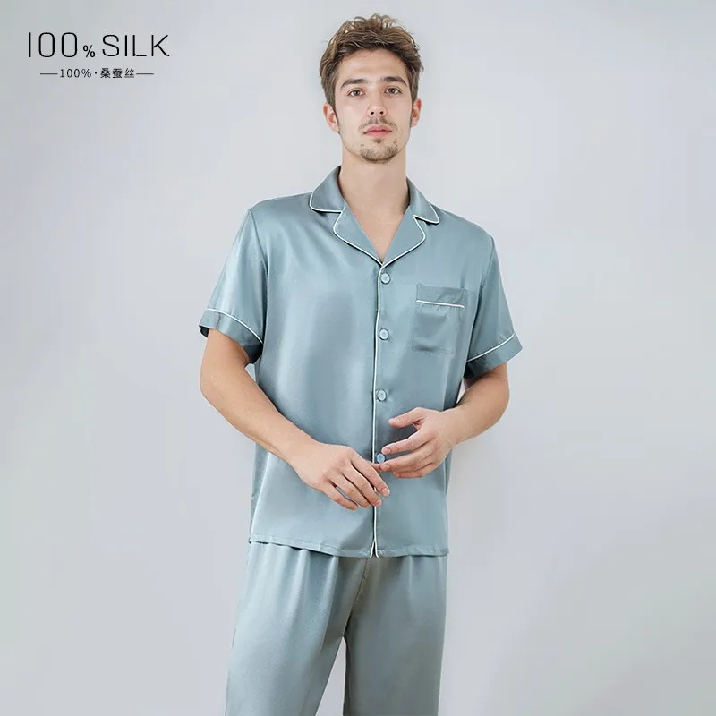 2026 summer new silk pajamas men's 100% silkworm silk, short-sleeved trousers two-piece loungewear set