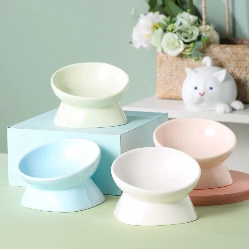 Cat Ceramic Bowl Pet matte High Foot Dish Basin Small Puppy Eating Drinking Feeder Bowls Cats Dogs Feeding Accessories