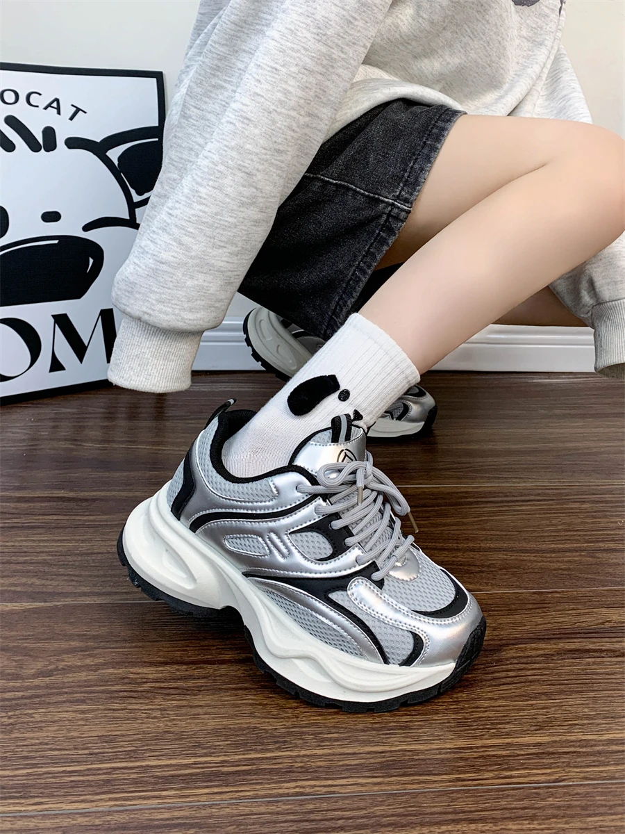 

Silver Shoes Women Sneakers Mesh Tennis Female Platform Woman-shoes Breathable 2024 Heels Trainers Thick Sole Roses Summer Fabri