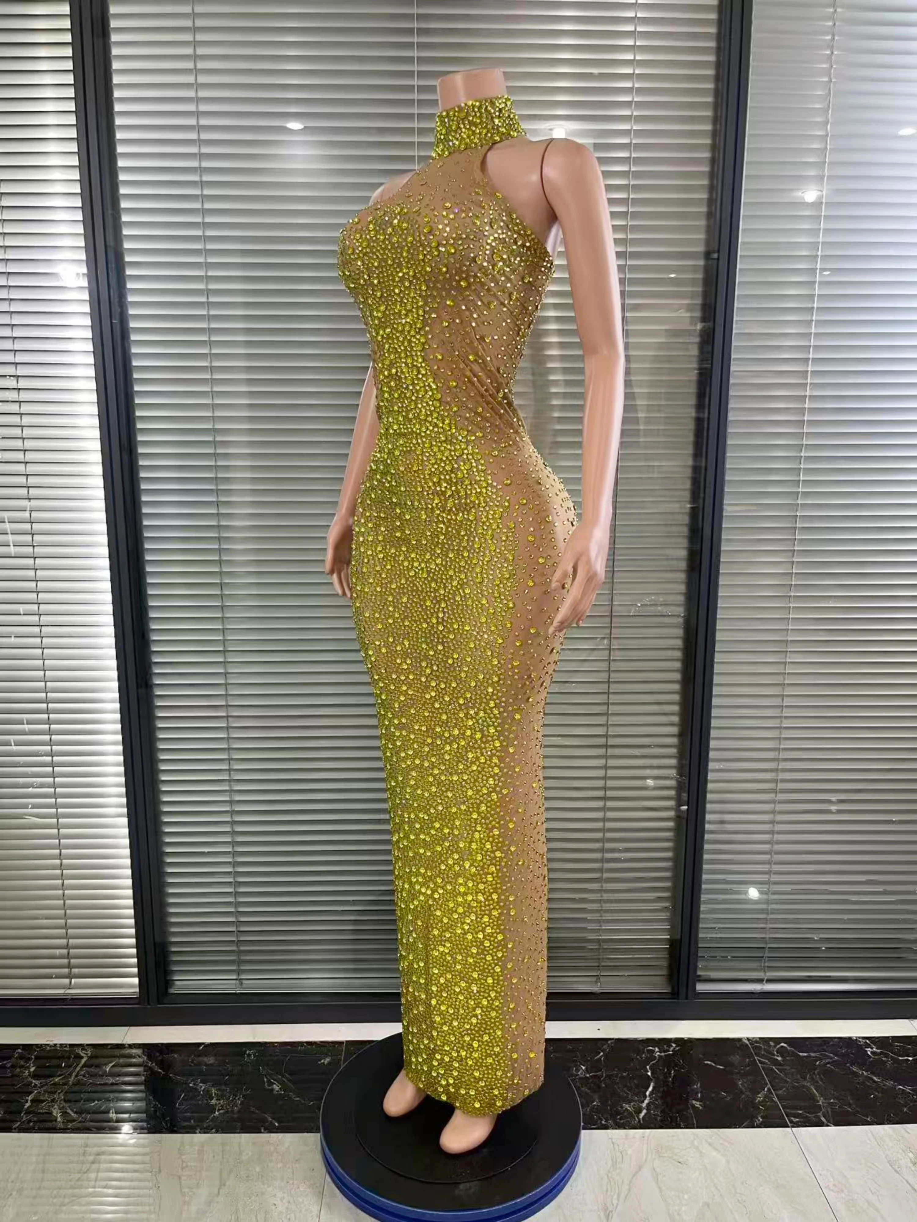 Opulentes, glitzerndes, ärmelloses langes Kleid mit Strasssteinen, sexy Mesh, transparent, Feiern, Hochzeit, Abschlussball, Geburtstag, Nachmittagstee-Kleid