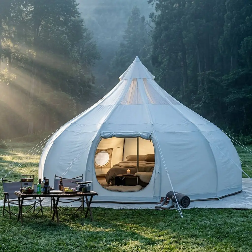 PVDF Tensile Membrane Structure Glamping Tent 42㎡ 80*80mm Steel Frame Aluminum Glass Wall for Resort Hotel