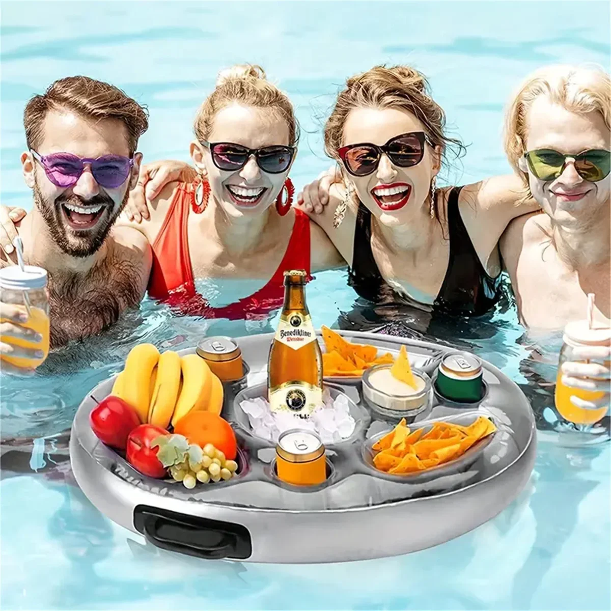 Aufblasbares schwimmendes Getränketablett – 8 Getränkehalter + Eisfach für Pool/Strand – für Getränke/Bier/Obst