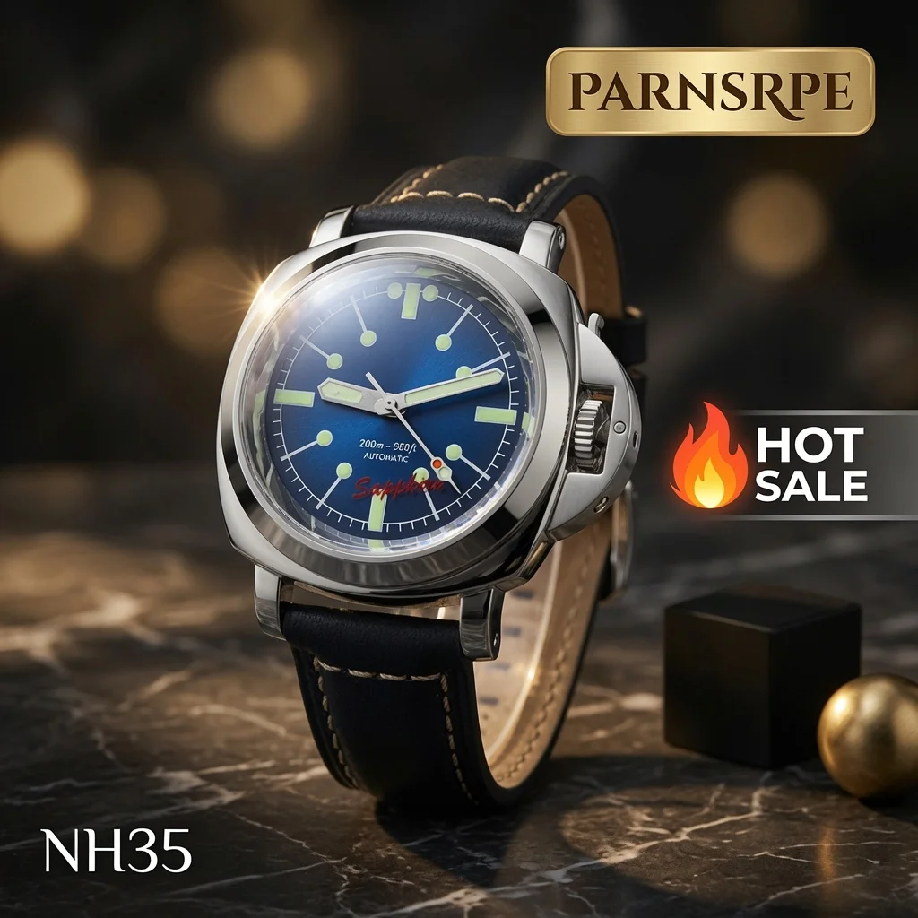 Image of 40mm NH35 Automatikgehäuse aus Edelstahl mit Griff Herrenuhren Saphirglas Grün Leuchtendes Zifferblatt Lederarmband