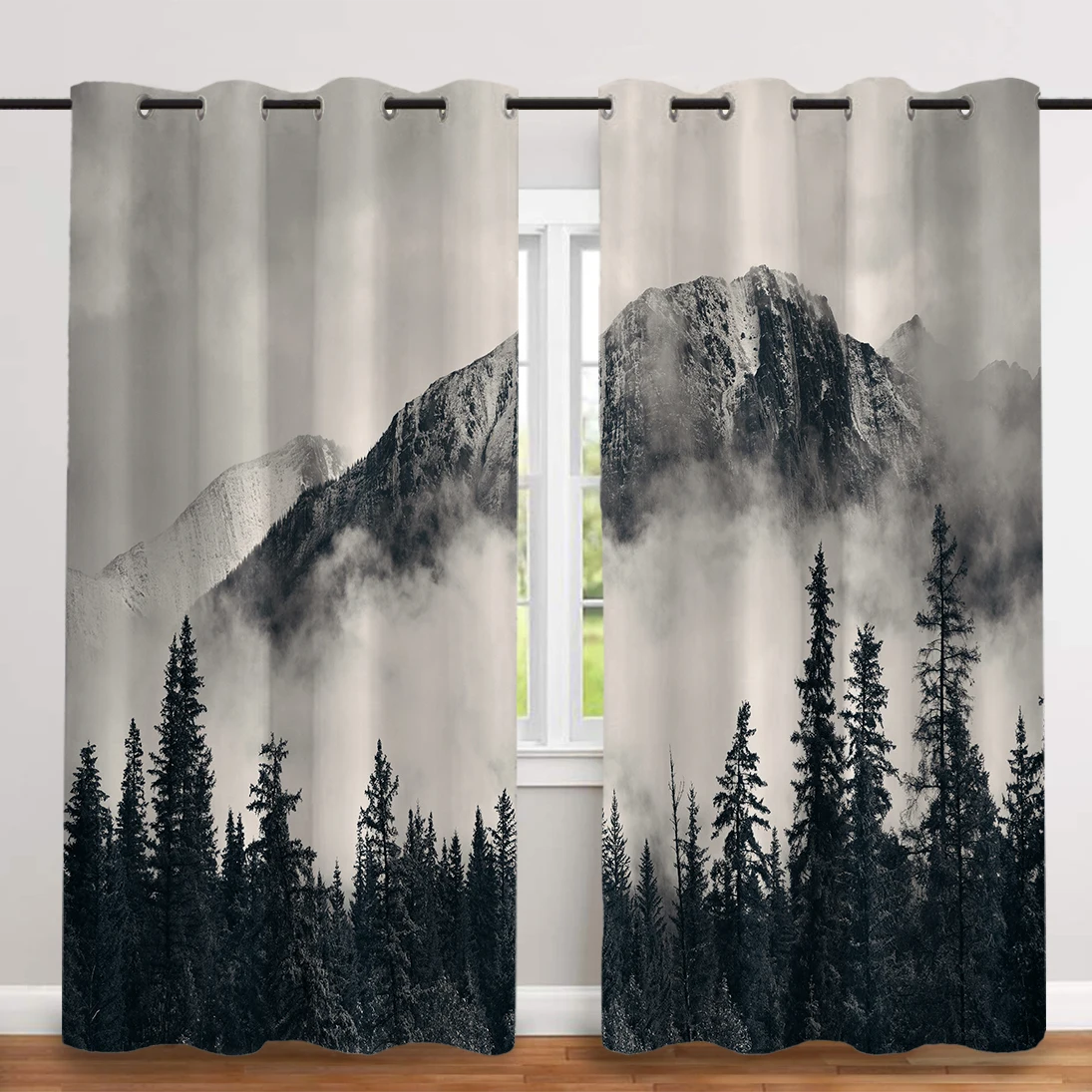 

2 Pcs/set Foggy forest Digital Printing Thickened Cloth Curtain Nordic Window Blackout Curtains for Bedroom and Living Room