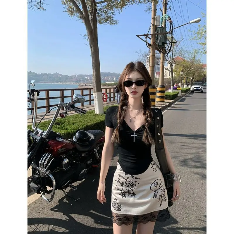 Women Clothing Summer Fashion Lace Patchwork Solid Color High Waist Skirt Female All-match Temperament Appear Thin A-line Skirt