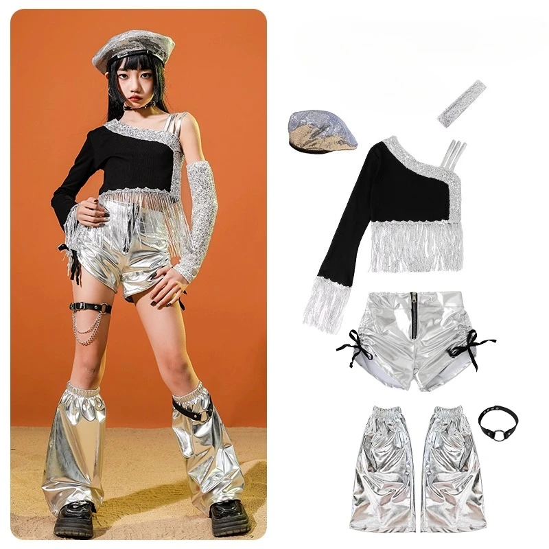 Customized Jazz Dance Suit for Girls with Exposed Navel Black Silver Suspender Suit Runway Children's Street Performance Costume