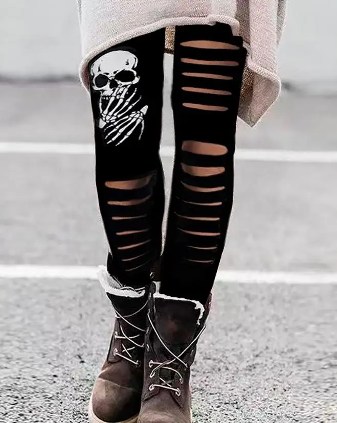 Halloween Horror Skull Print Trapezoidal Hollow Tight Leggings New Hot Selling 2023 Women's Wear