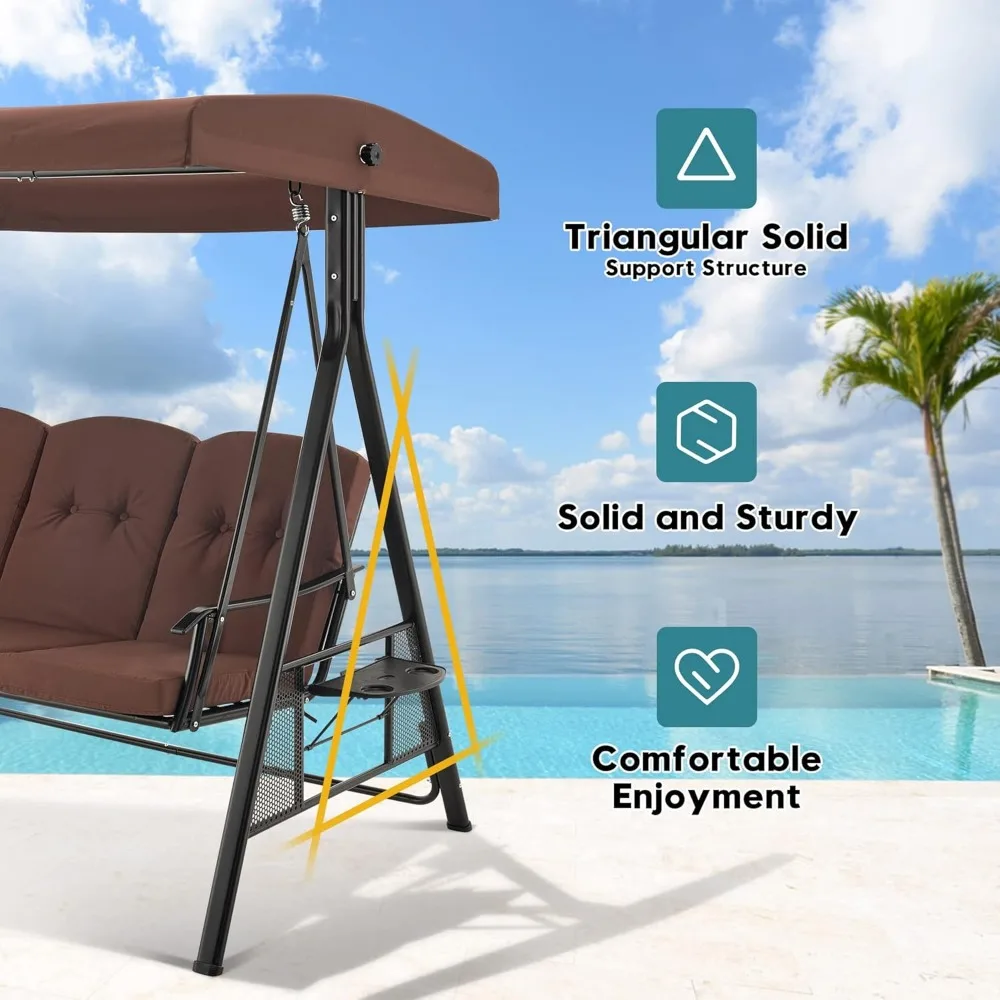 3 Seat Patio Swings with Canopy, Outdoor Porch Swing Chair with Stand, Adjustable Canopy Swing Sets for Backyard, Poolside