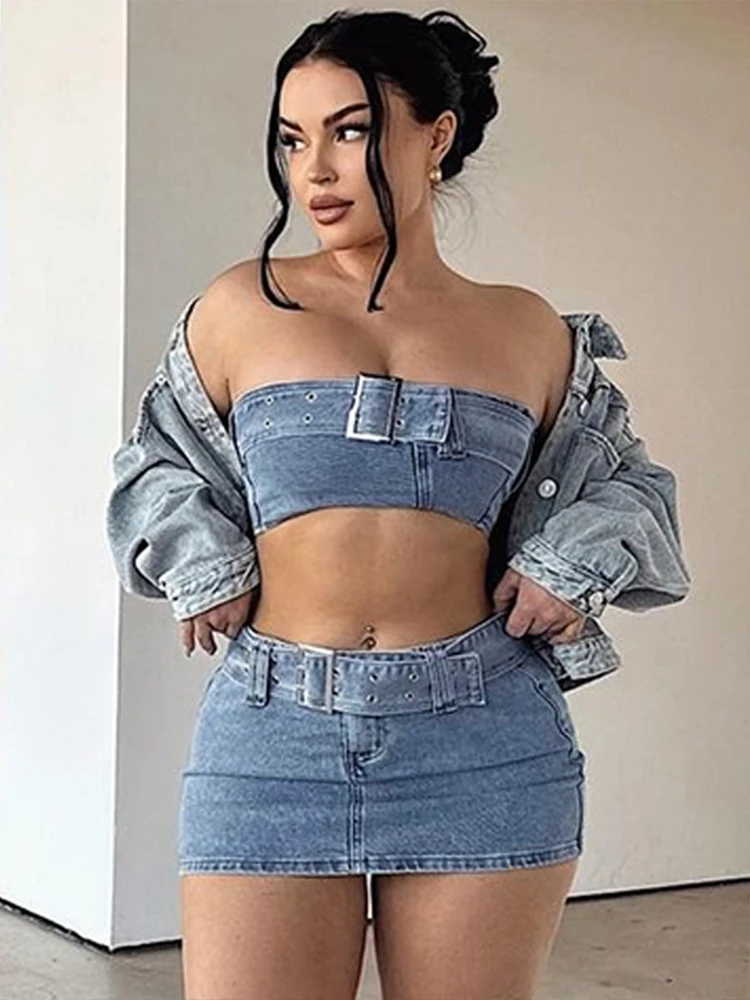 Imagem -02 - Kliou Conjunto de Duas Peças para as Mulheres Saia Jeans com Peito Aberto e Mini Saia Hip Combinando Roupa para Estudante e Menina Verão