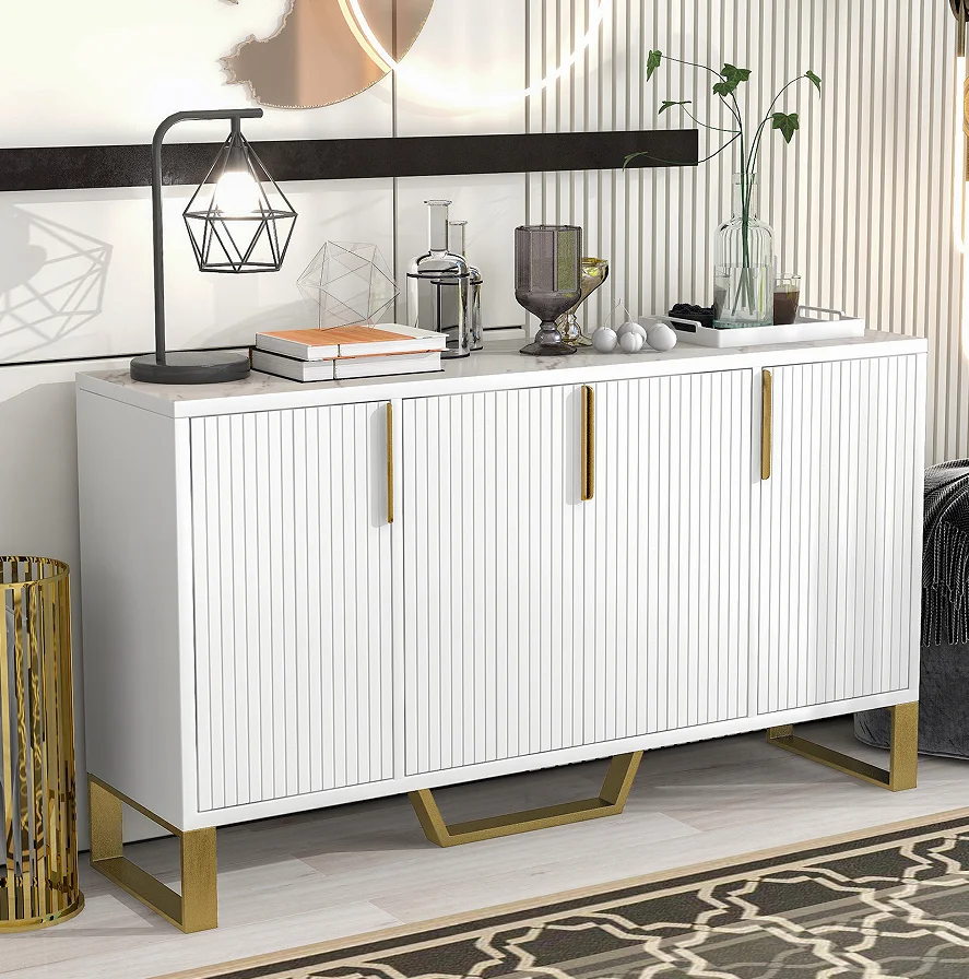 #Modern Solid Wood Sideboard With Four Doors Metal Handles & Legs And Adjustable Shelves For Kitchen And Dining Rooms