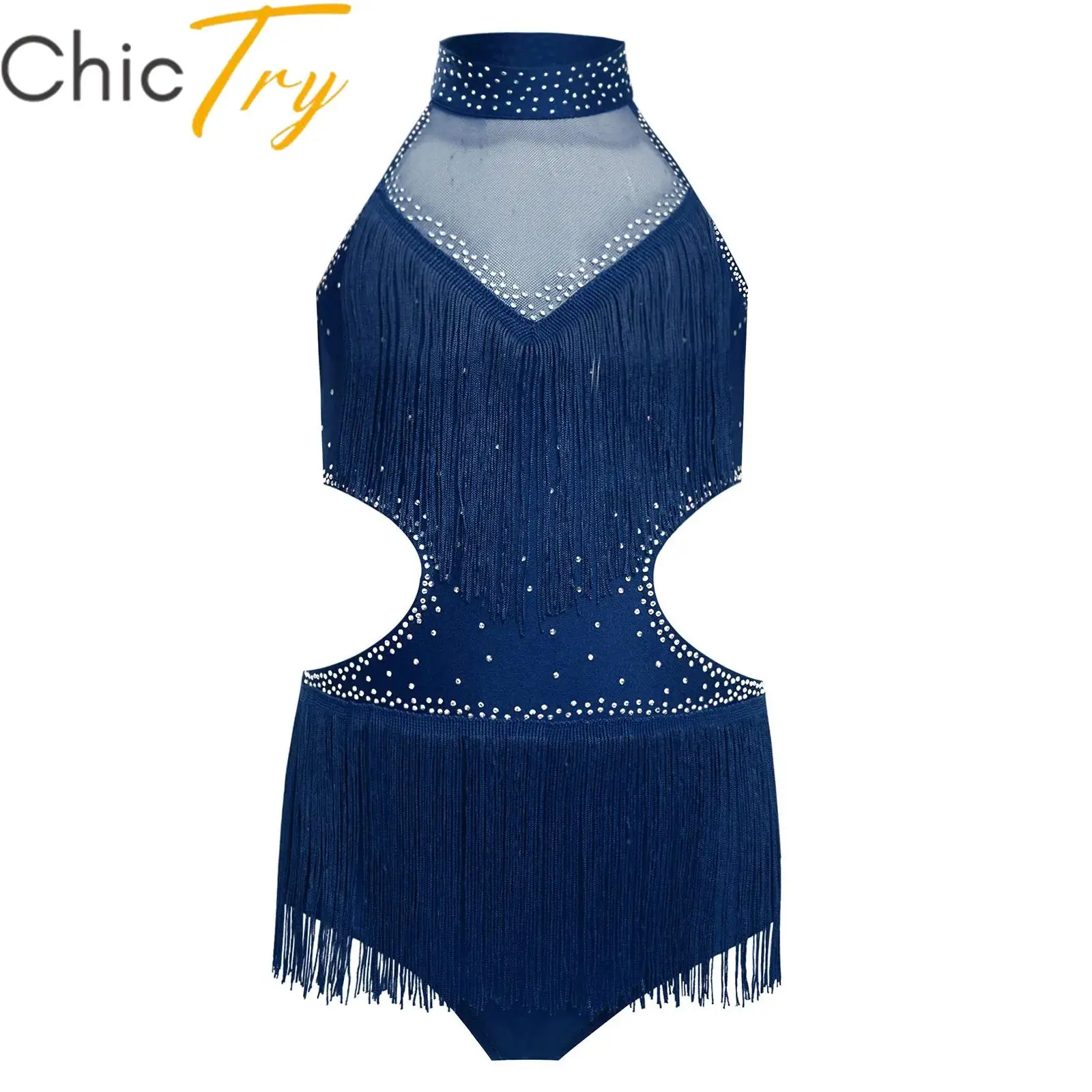 

Kids Girls Ballet Leotard Dress Tassels Latin Dance Stage Costume Sleeveless Cutout Backless Rhinestones Fringed Skirted Leotard