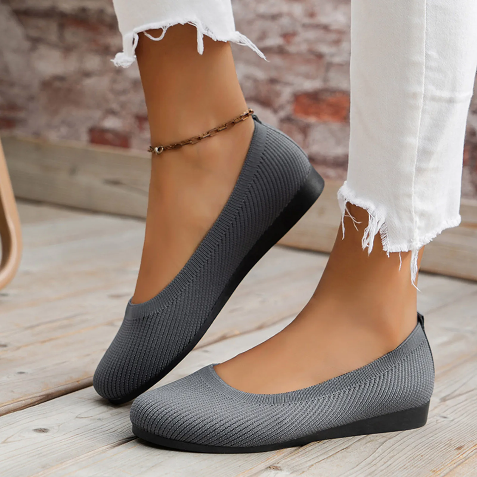 Round Toe Flats for Women Comfortable Knit Ballet Flat Shoes Casual Slip on Shallow Shoes Office Boat Shoes Plus Size Moccasins