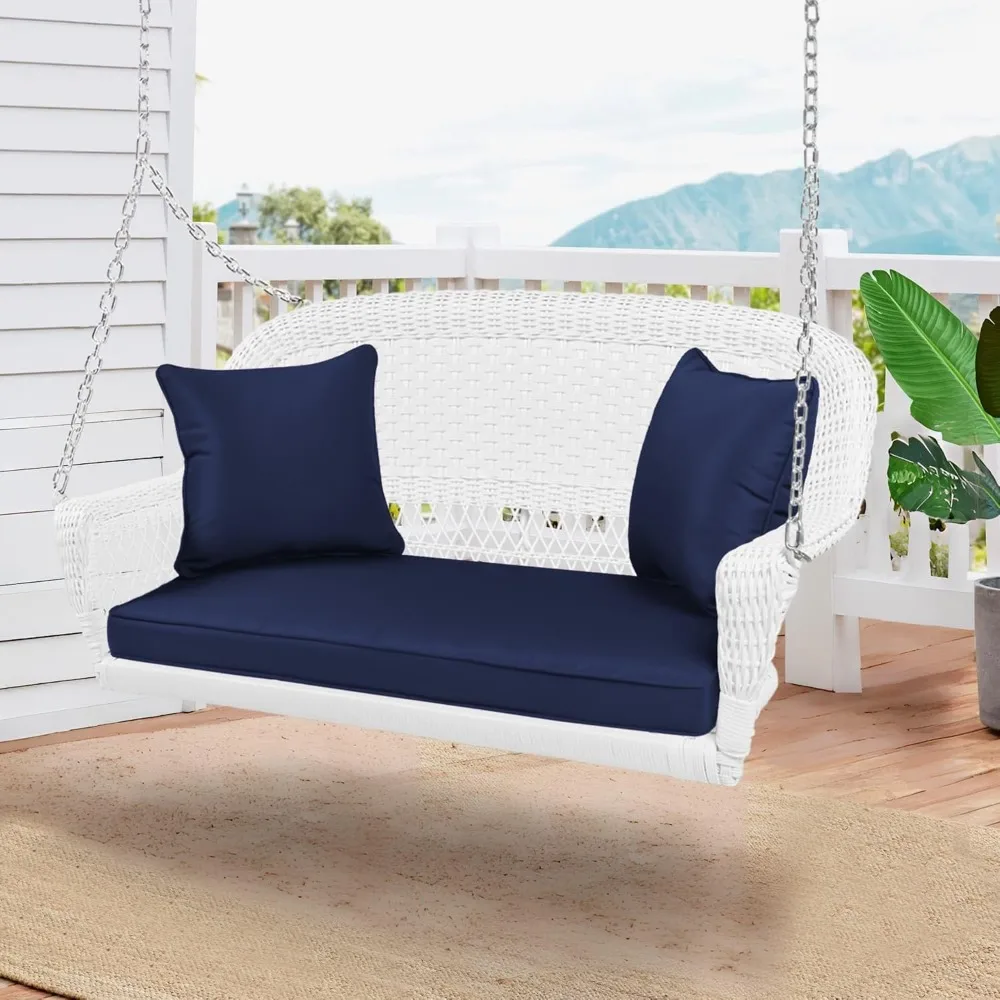 Balanço de vime para varanda em branco com almofada azul