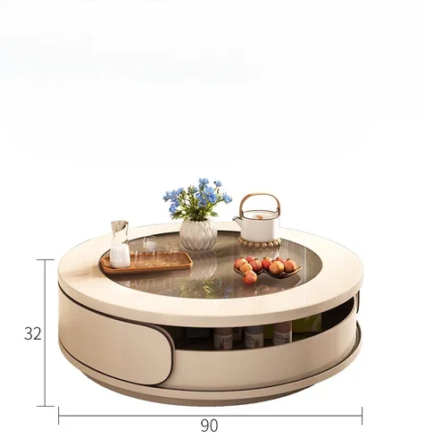 

Cream Style Coffee Table Living Room Small Apartment High-Grade Creative Tea Table round Glass Simplicity Tea Table