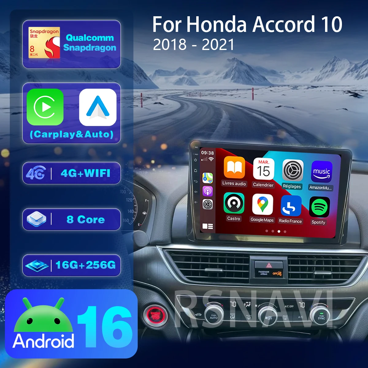 RSNAVI Android 16 For Honda Accord 10 CV X 2017 - 2021 Carplay Auto Car Radio Multimedia Player 2K QLED Screen 2din Head Unit
