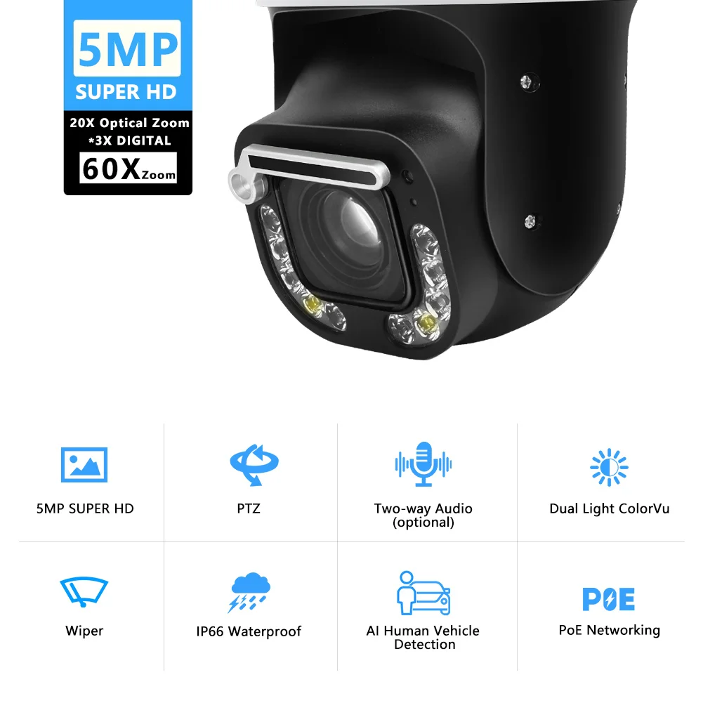

5MP 20X Optical Zoom PTZ High Speed PoE IP Camera With Wiper 120dB WDR Full Color AI Detection CCTV Surveillance Camera