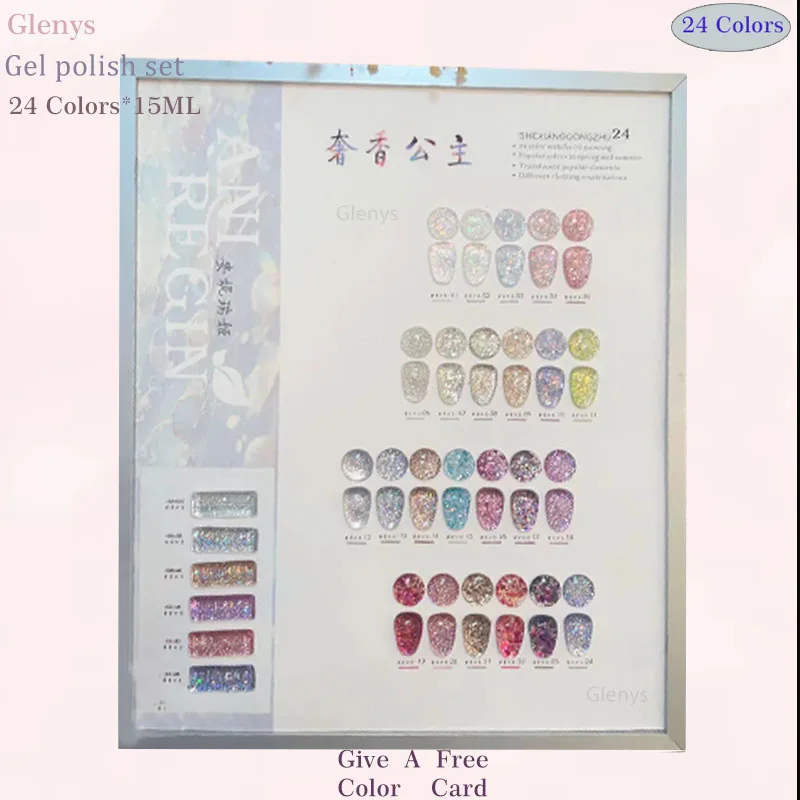 Glenys 24 Kleuren Luxe Geur Prinses Nagellak Lijm Nieuwe Semi-Permanente Onderdompeling Gel Ultraviolet Led Nail Art Lak Set