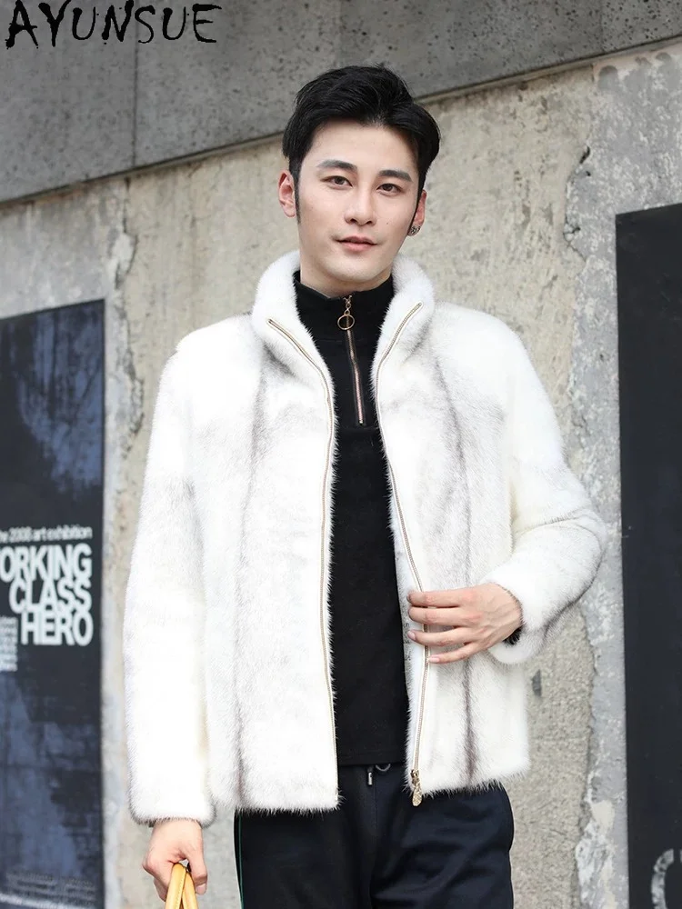 AYUSNUE Natural Cross Mink Coat Men Luxury Clothes 2026 Winter Jacket Swan Velvet Whole Mink Real Fur Coats Male Warm S-6XL