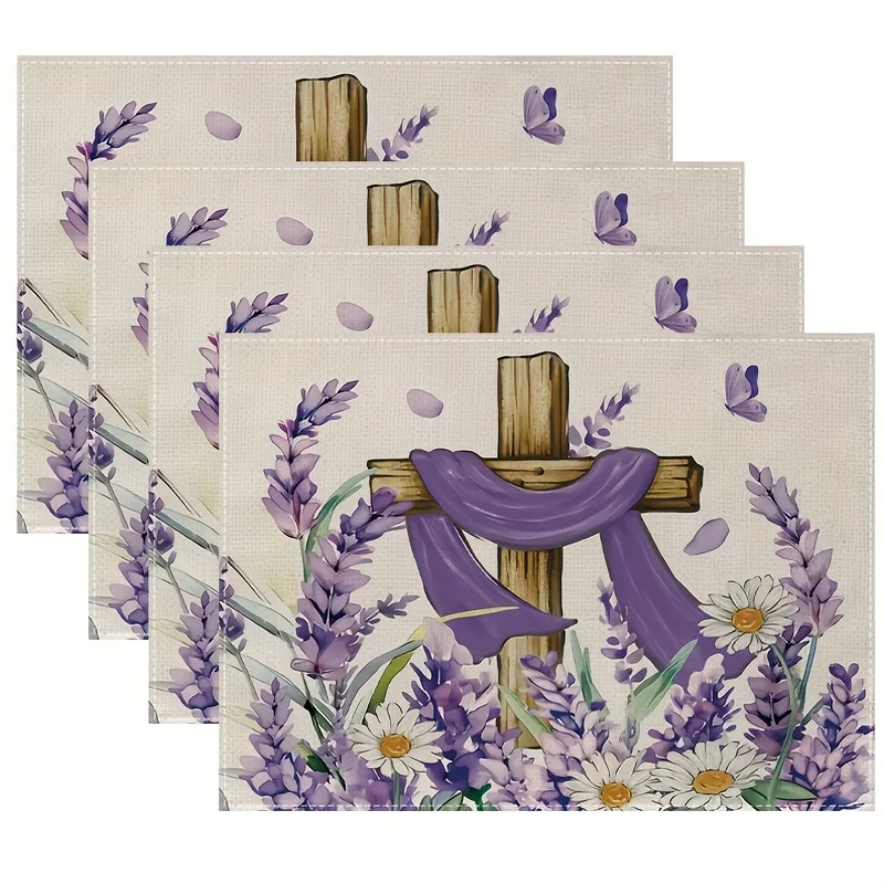 4pcs Easter religious cross flower placemats, spring and summer lavender and daisy floral faith table decoration