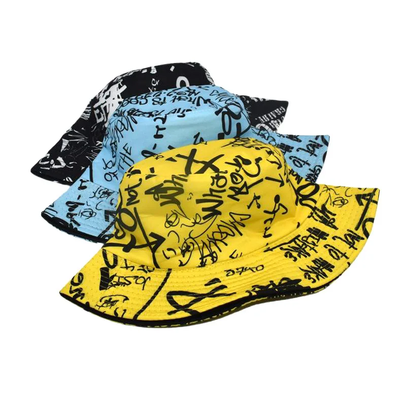 Bocca Letter Graffiti Bucket Hat Double Sides Reversible Panama Fisherman Hats Men Women Outdoor Sun Cap Fashion 2023 New Style