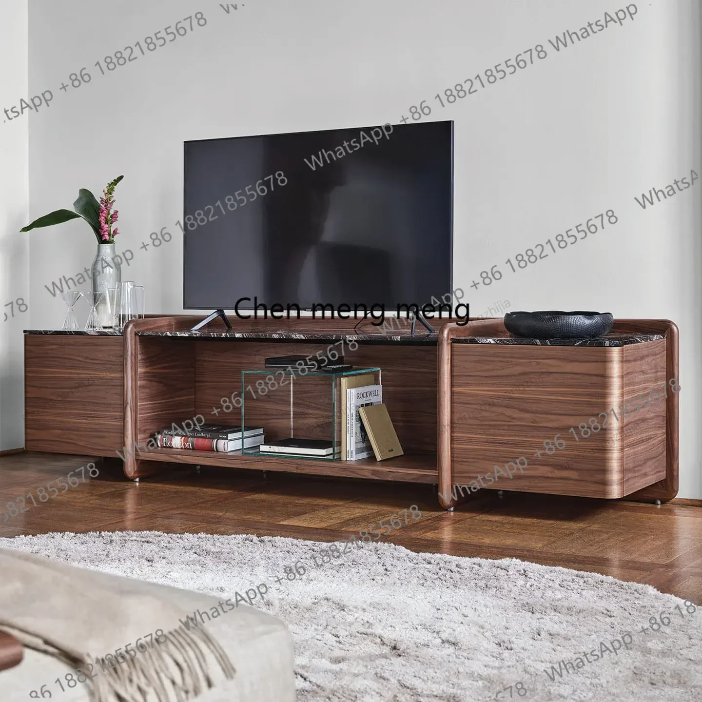 dd182dd182DD182Modern simple marble countertop TV cabinet, living room thickened walnut leather veneer storage, floor-to-ceiling