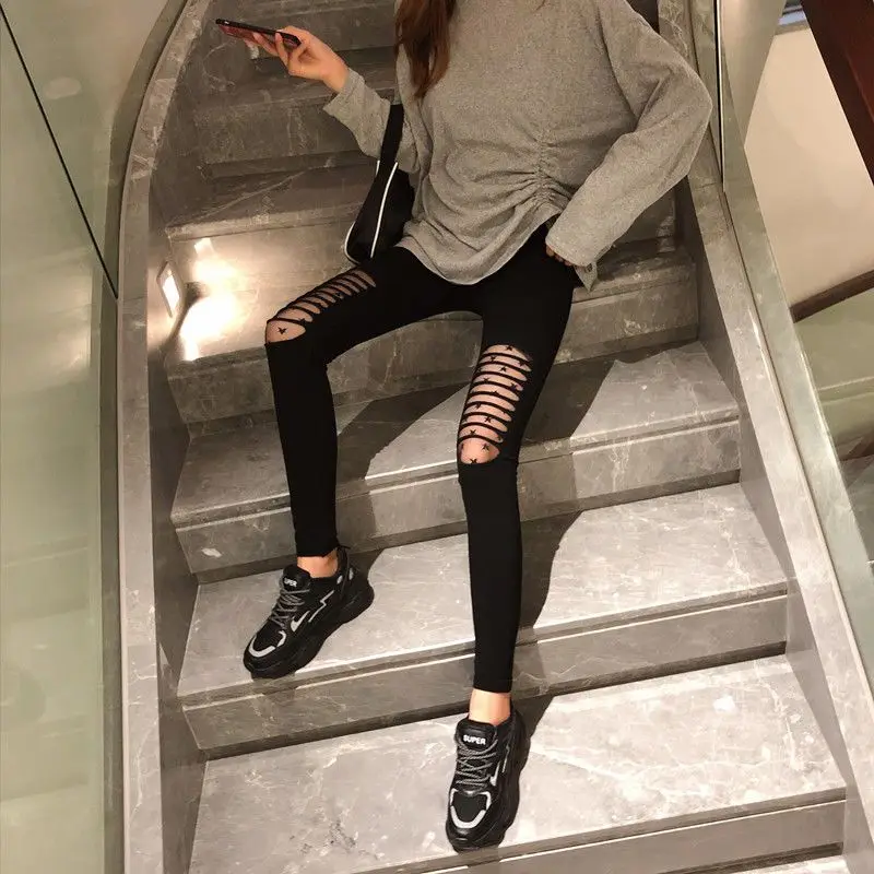Summer Hole Fishing Net Sexy Women's Leggings Black Elastic Cropped Pants Bow Y2K Girl Bottoms Cycling Yoga Sports Pants