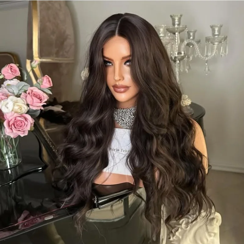 

Body Wave Middle Part Black Brown Synthetic Lace Front Wig Middle Part For Wome Dark Brown Wig Synthetic Wig Natural Black Wig