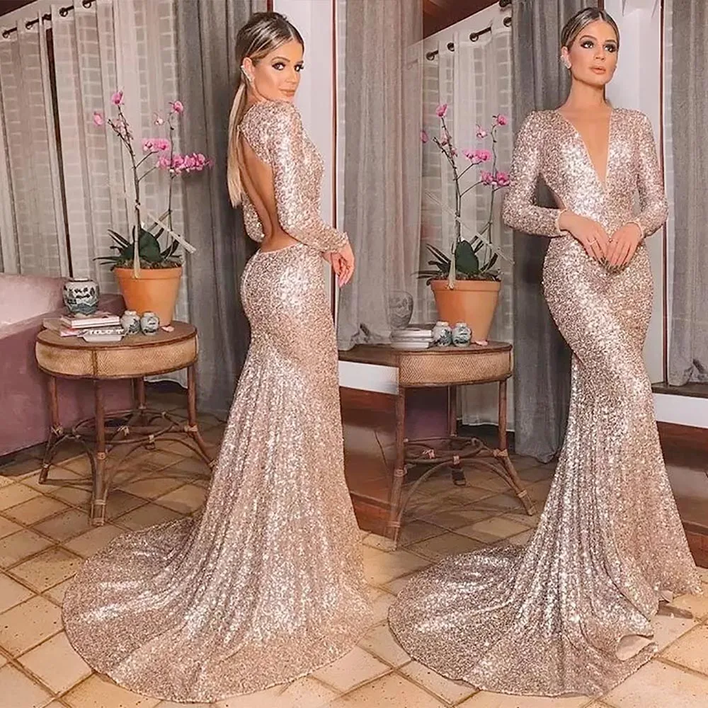 

Gold Evening Dress New Open Neck Women Elegant Straps Sequin Mermaid Maxi Prom Party Gown Abendkleider Robe De Soiree Vestidos