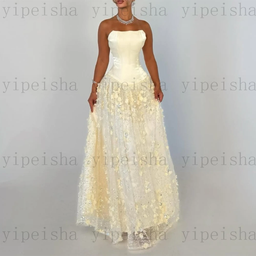 カスタマイズされたストラップレスイブニングドレス背中の開いた 3D 花レースアップリケスパンコール A ラインウエディングドレスドレープロング誕生日パーティードレス