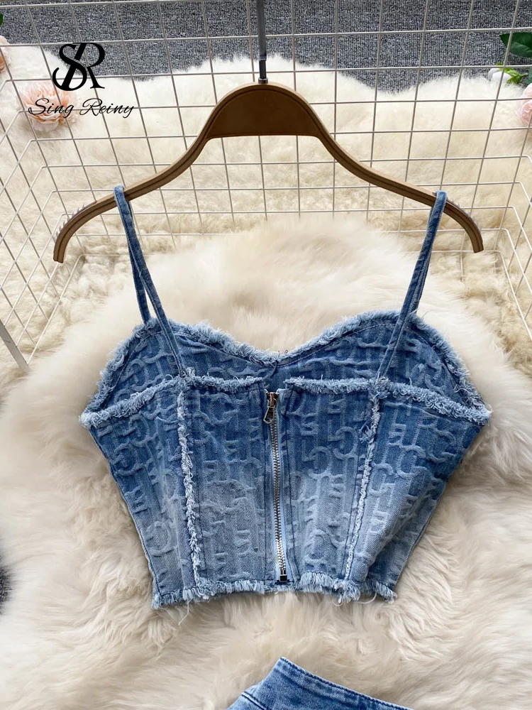 Babyoung Women Summer Sexy Denim Set Strapless Sling Zipper Design Tops + Short Button Mini Skirt Short Jeans Two Piece Suits