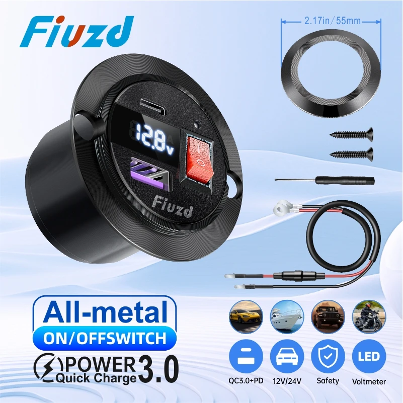 On/Off Switch 12/24V Car Charger Power Outlet Socket Dual QC3.0 USB & Dual PD3.0 Type-C Fast Charging Outlet with LED Voltmeter