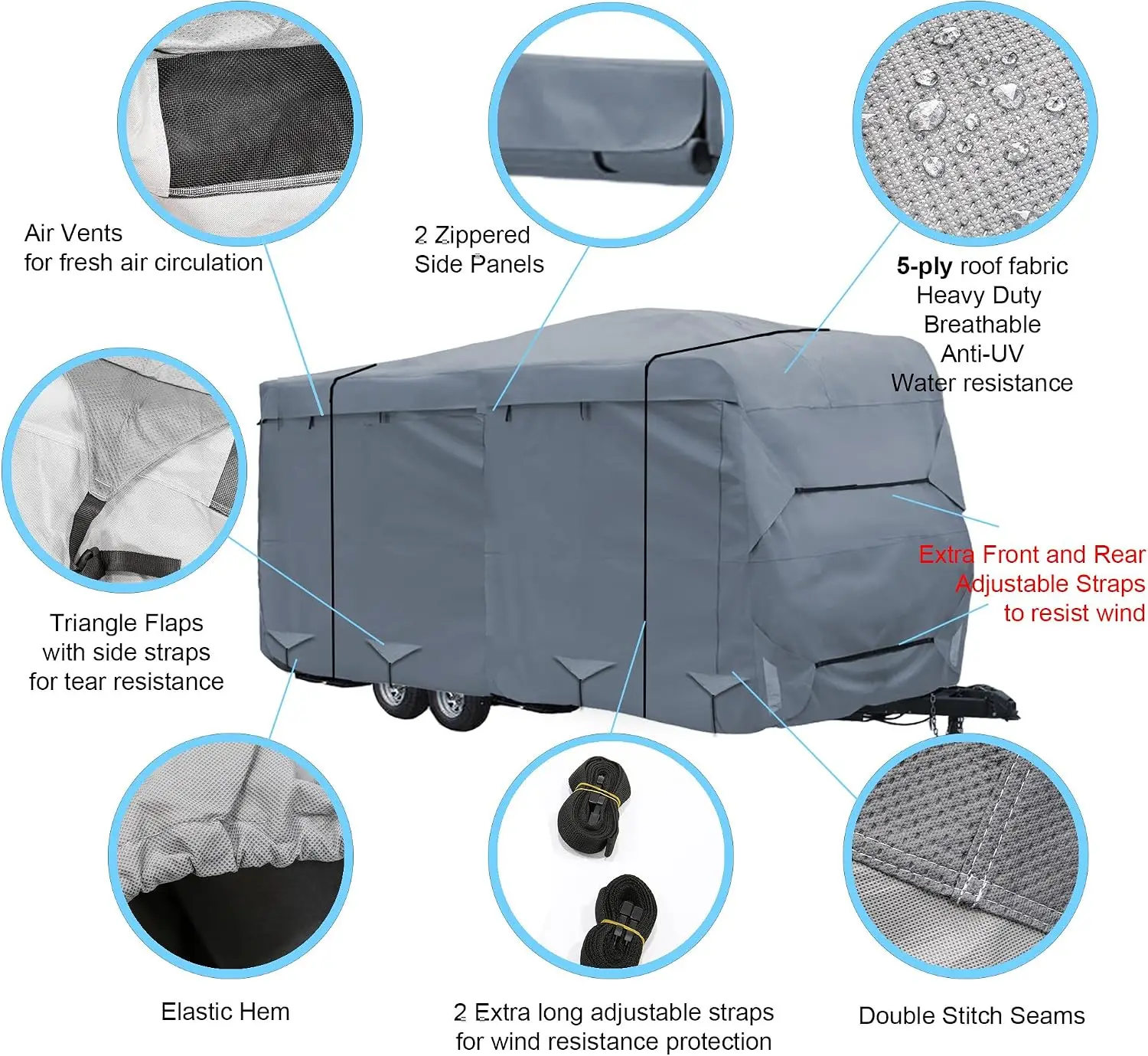 Travel Trailer Cover fits 33-36FT RV with Dual Slide-Out Zippered Opening Reinforced Windproof Straps Water Resistant Reflective Safety Strips Heavy Duty Fabric Ideal for Snow Dust Condition