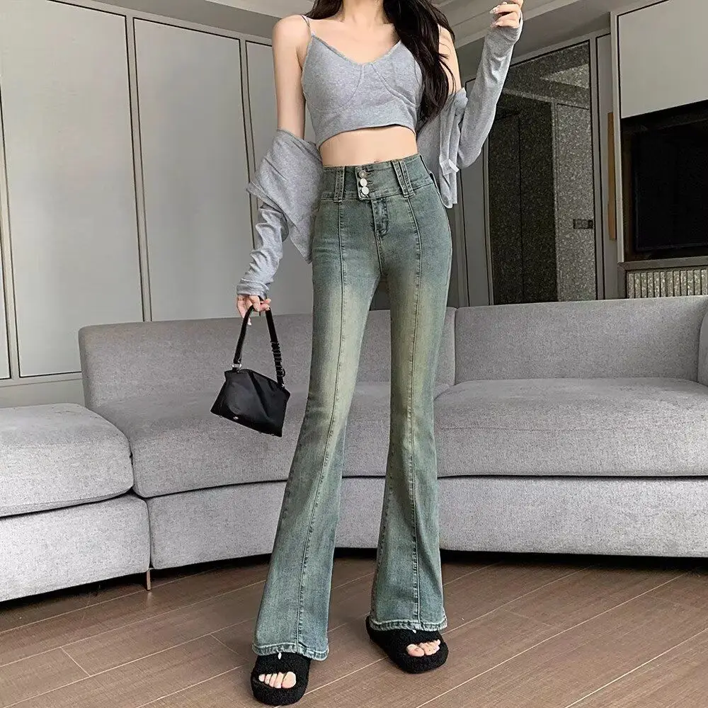 

High Waist Stretchy Slimming Flare Jeans Women's Spring Autumn Nine Points School Style Small Size Split Flare Jeans