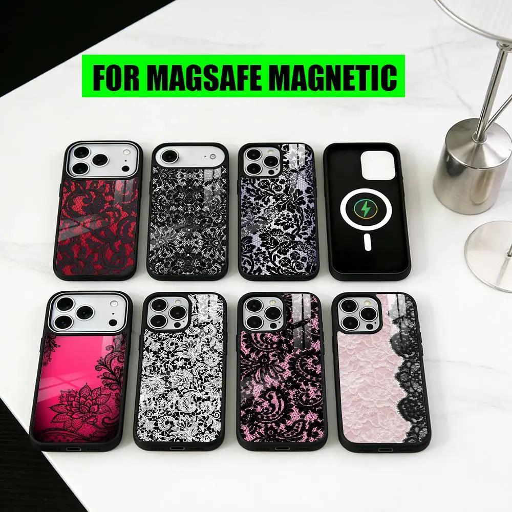 

Beautful Black l-lace print Phone Case For iPhone17,16,15,14,13,12,11 Plus,Pro Magnetic For Magsafe Wireless Charging