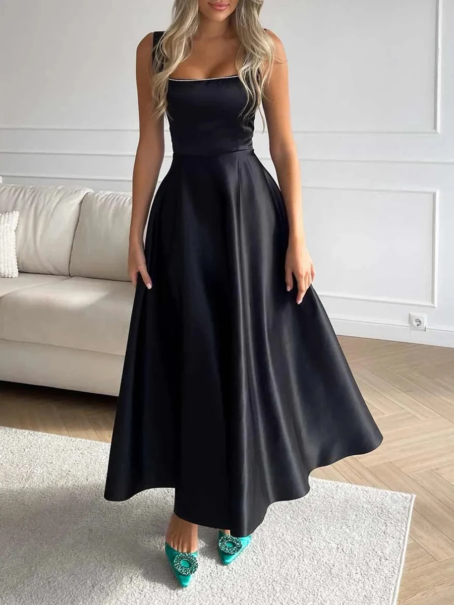 

Women Sleeveless A-Line Dress Summer Solid Color Square Neck High Waist Party Dress for Beach Cocktail Club Streetwear