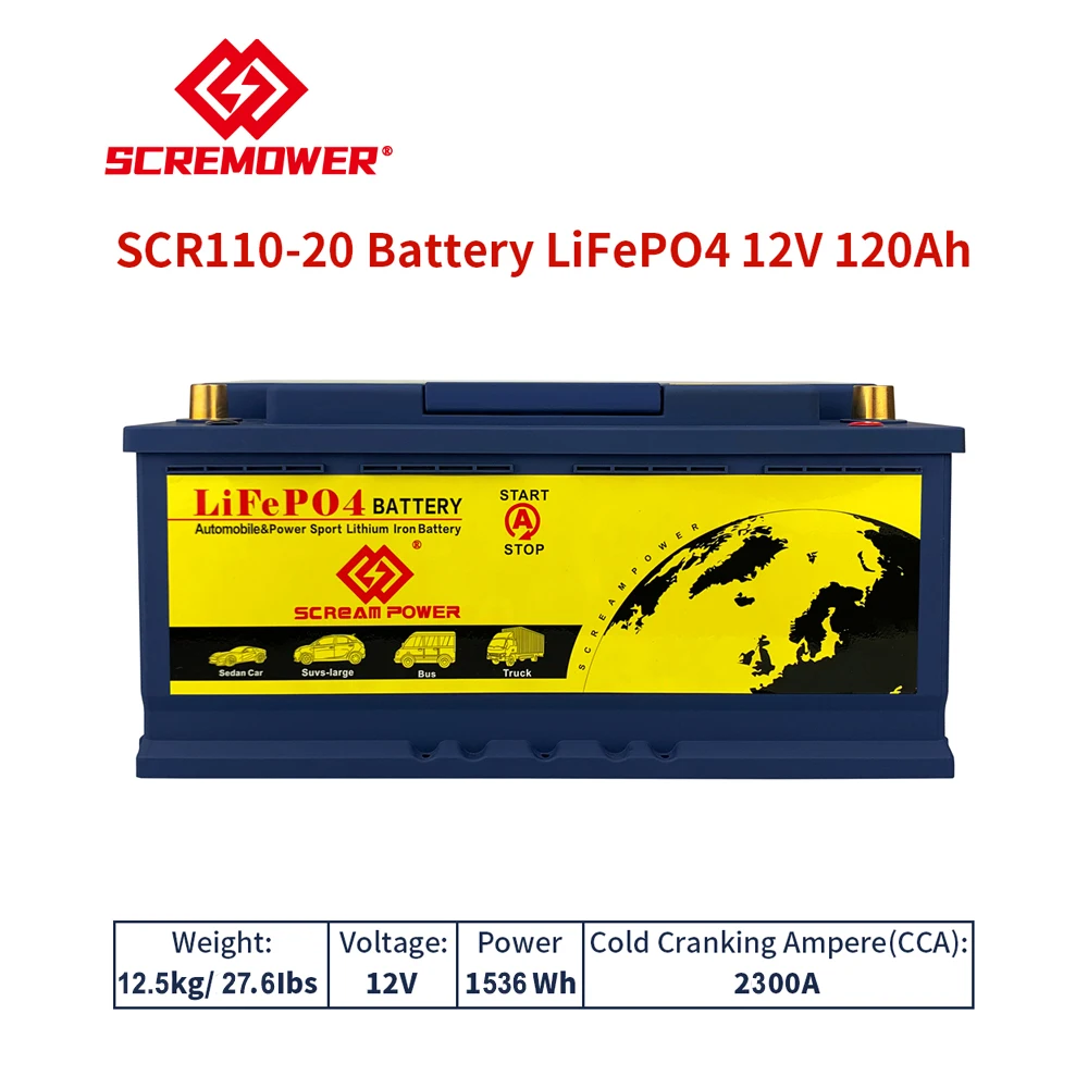 Scr110-20 12V 120Ah LiFePO4 Car Starting Battery CCA 2300A BMS 200A High Power Accumulators For Cars, RVs, Bus, Trucks