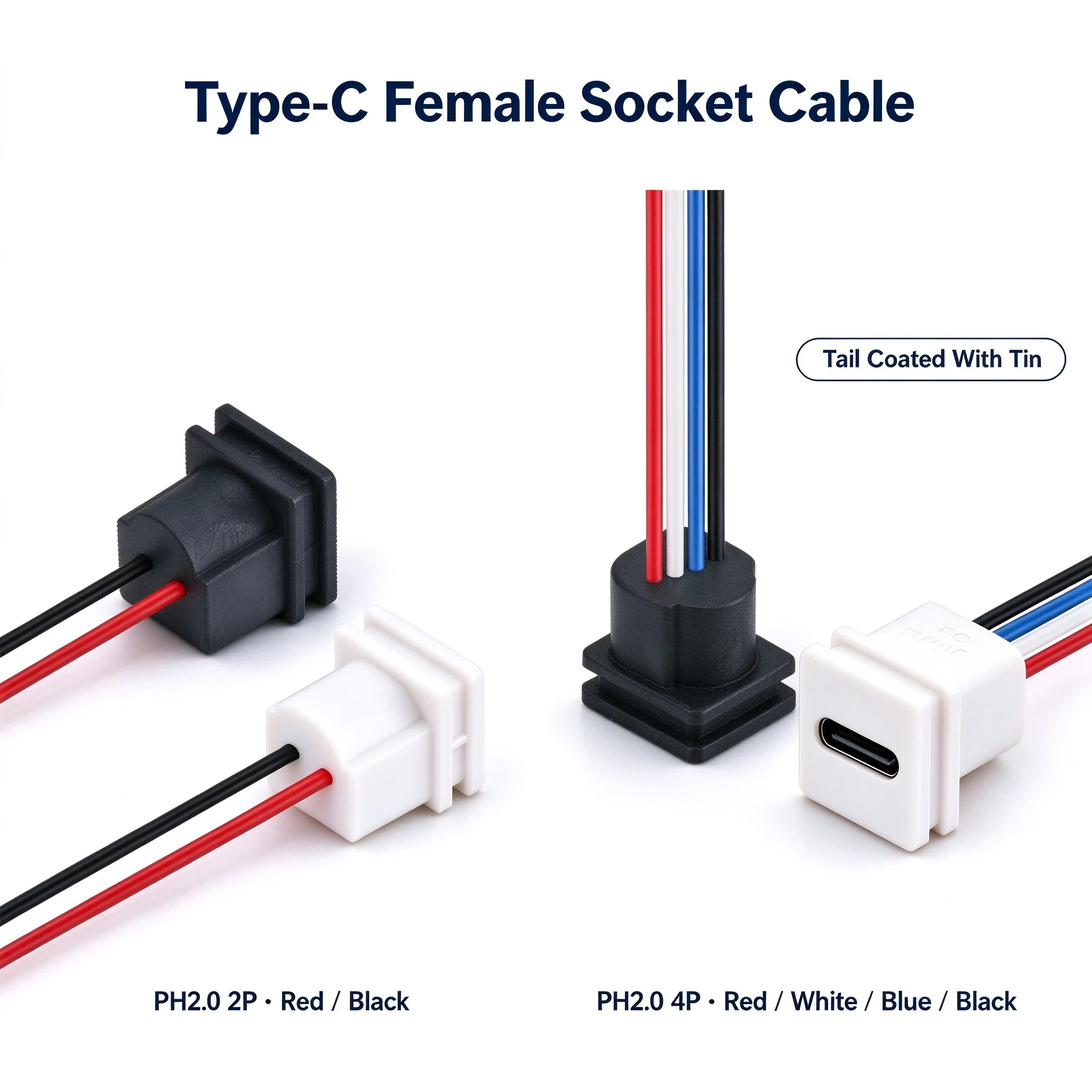 Panel Mount Type C Female Socket Cable PH2.0 2P 4P Terminal Wire Tin Plated for DIY Charging