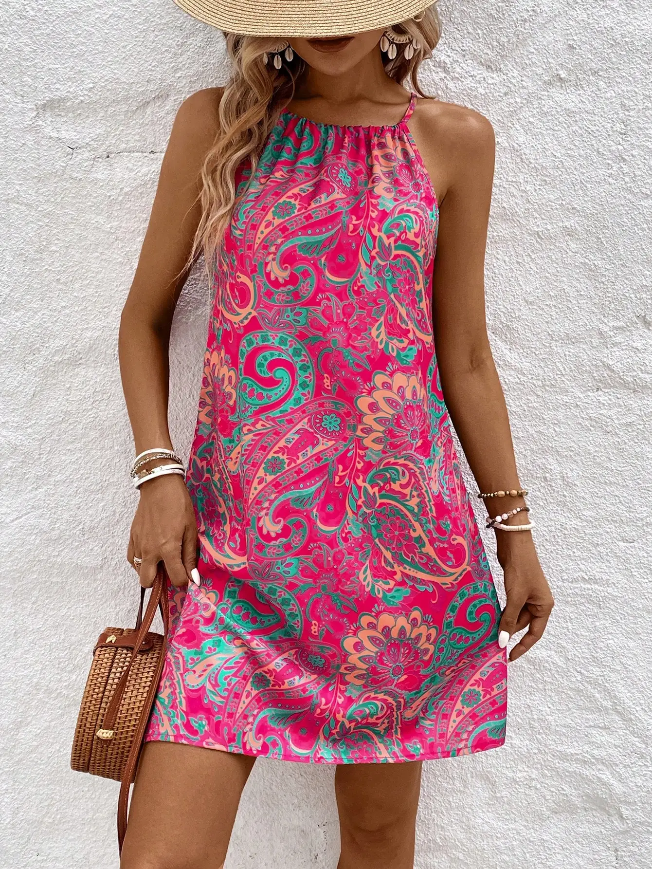 Women's Paisley Print Halter Mini Dress Back Tie Sleeveless Loose Summer Beach Casual Sundress