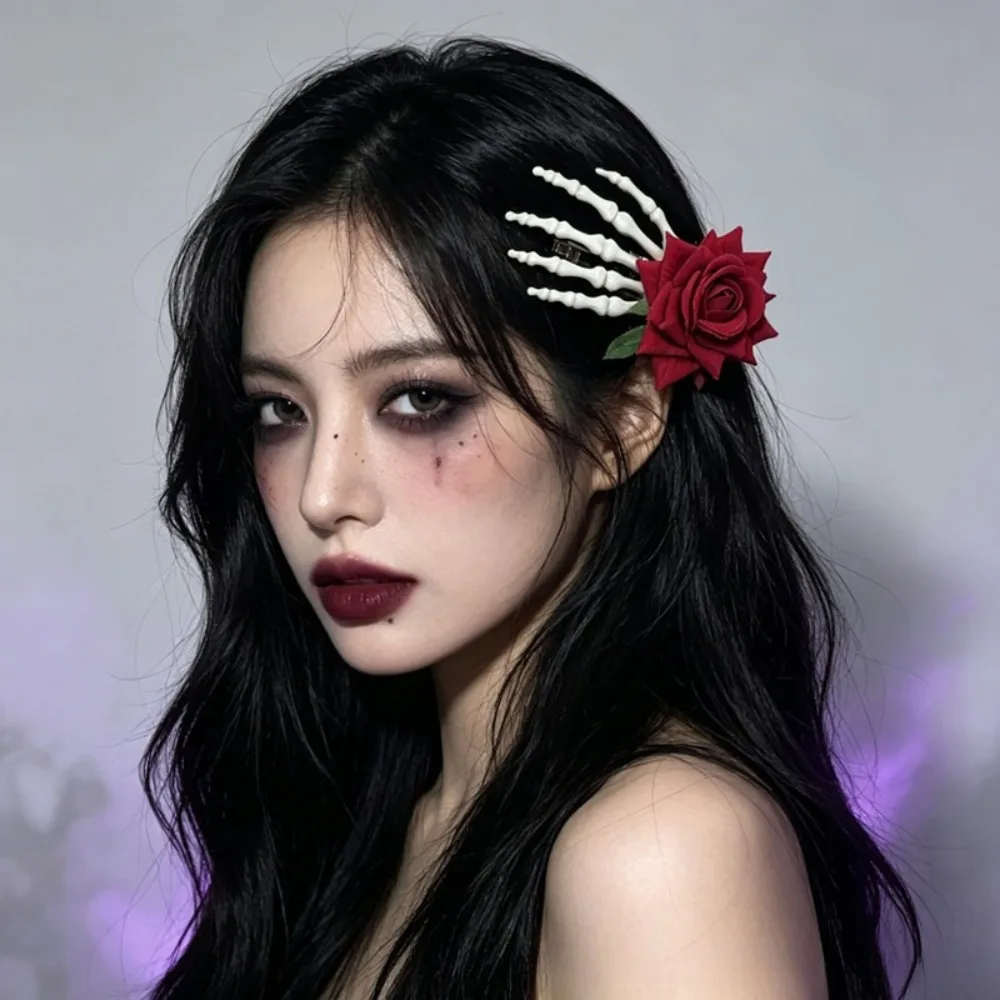 Vintage Gothic Skull Hair Clip with Faux Roses Lace Fashionable Side Hairpin for Party Halloween Decor Everyday Hair Accessories